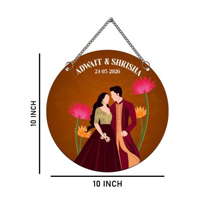 Personalized Couple Wedding Theme Wall Hanging Decoration Couple Portrait with Lotus Flowers Design Wedding, Anniversary, or Engagement Gift for Husband, Wife, & Couples
